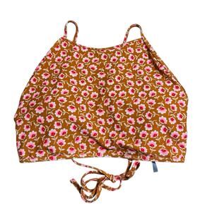 Aerie High Neck Bikini Top Size L Tan Pink Ditsy Floral Strappy Beach NWOT